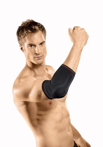 Elbow bandage with silicone profile inlay around the olecranon. Offers extensive protection Olécranon