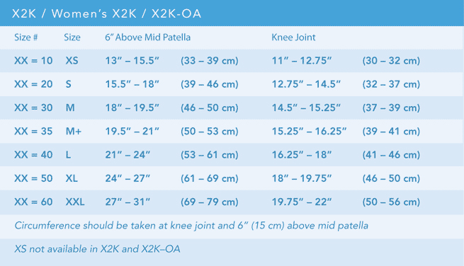 X2K High Performance Knee Brace Sizing Chart